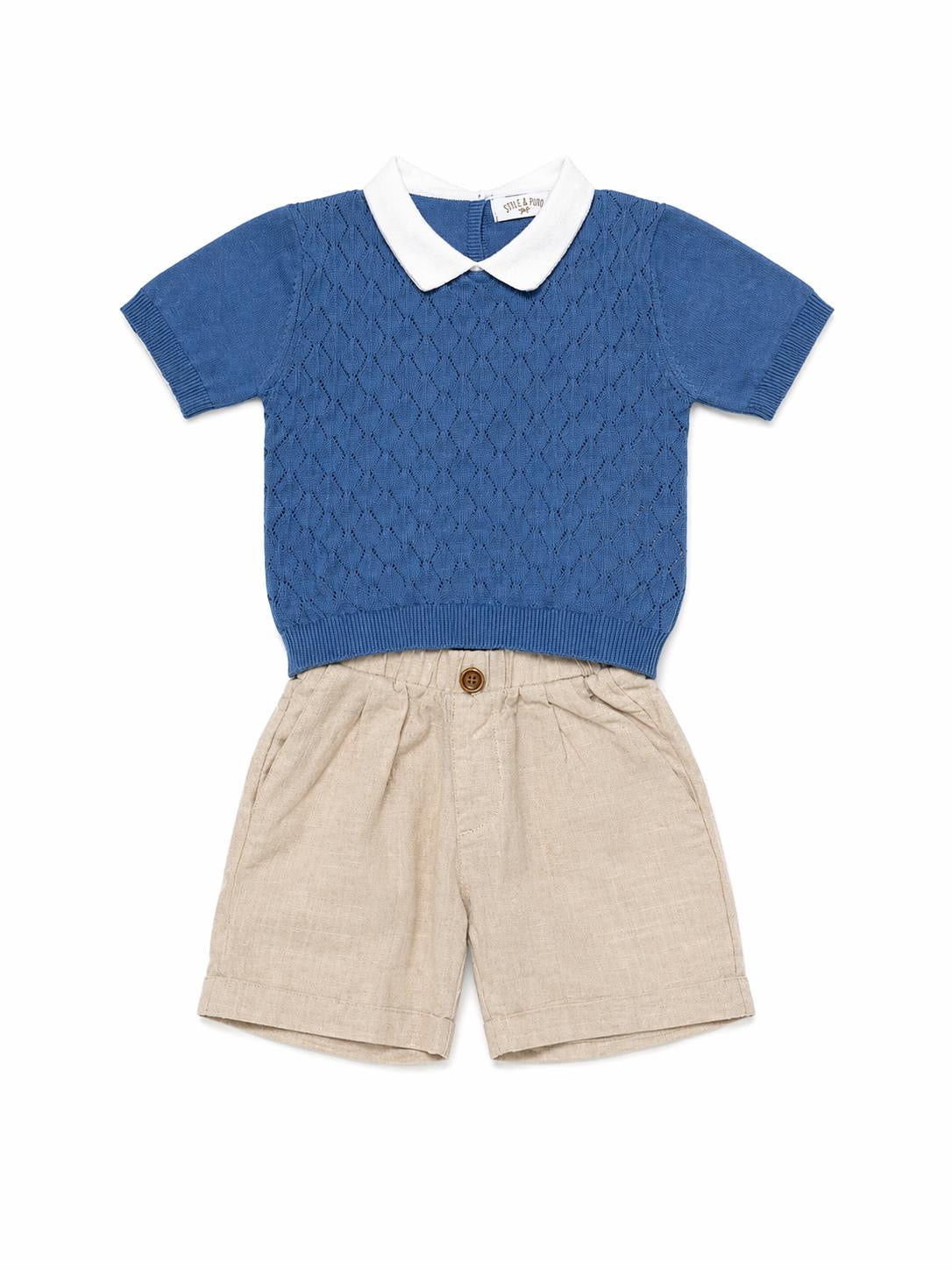 048. Completo Maglia Traforata Blu & Bermuda Sabbia