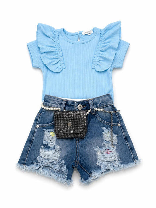 059. Completo Chic Denim & Top Rouches Celeste con Pochette