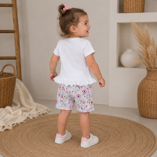 054. Completo Dream Cat & Shorts Floreali Grigio