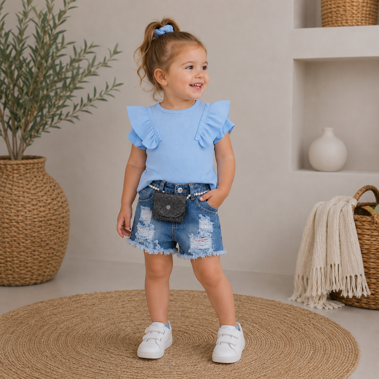 059. Completo Chic Denim & Top Rouches Celeste con Pochette