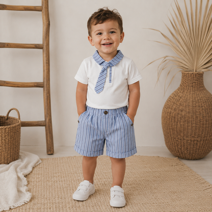 042. Completo Elegante Riga Azzurra con Collo Cravatta