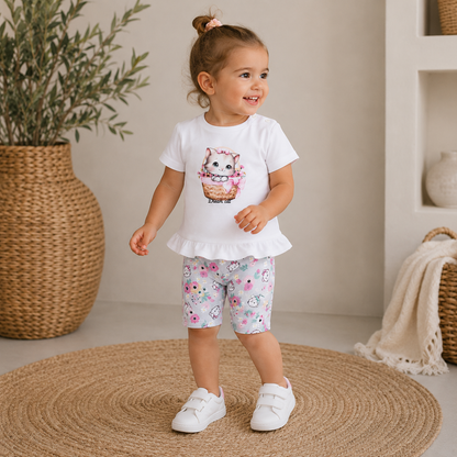 054. Completo Dream Cat & Shorts Floreali Grigio