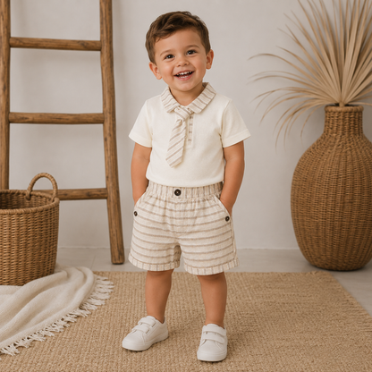 044. Completo Elegante Riga Beige con Collo Cravatta