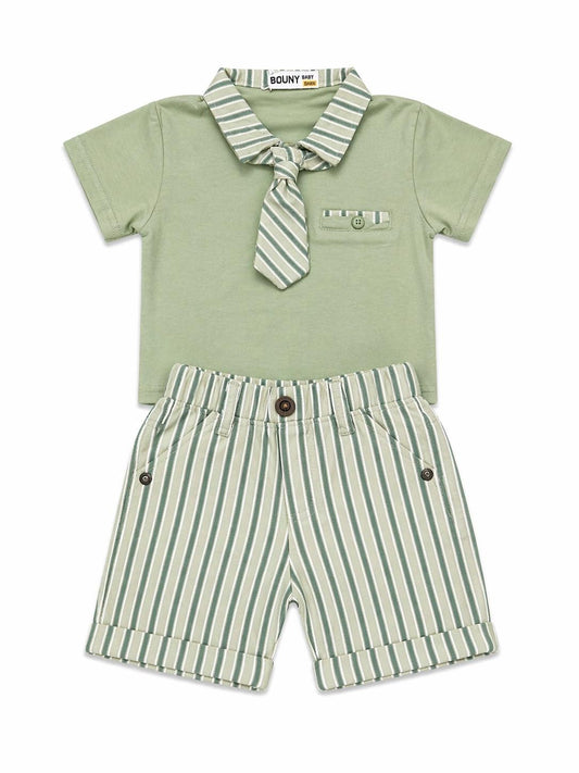 043. Completo Elegante Riga Verde con Collo Cravatta