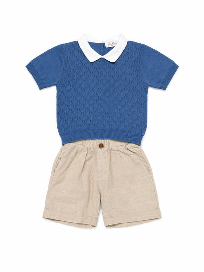 048. Completo Maglia Traforata Blu & Bermuda Sabbia