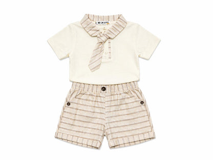 044. Completo Elegante Riga Beige con Collo Cravatta