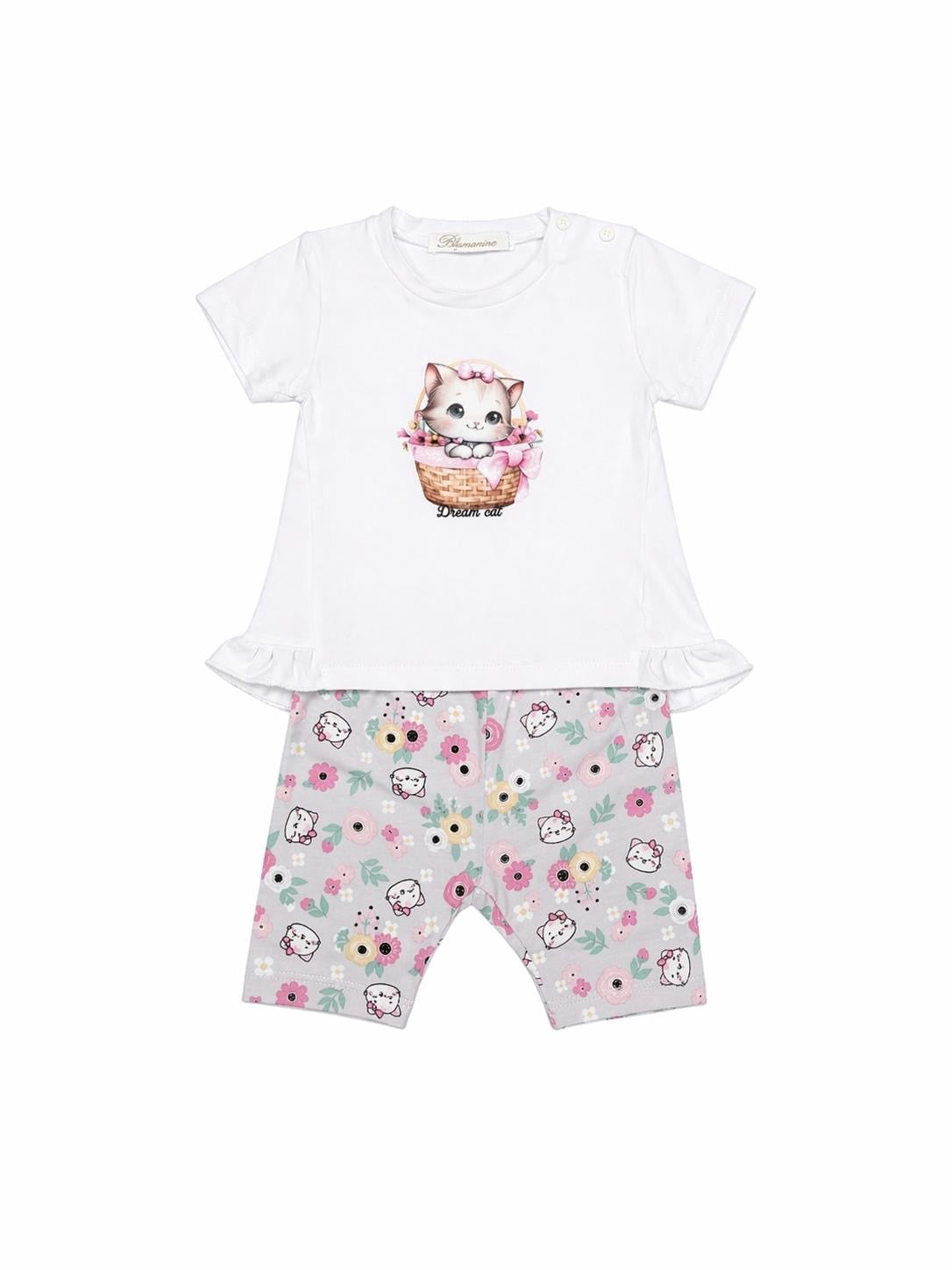 054. Completo Dream Cat & Shorts Floreali Grigio