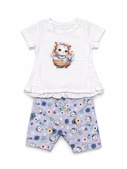 056. Completo Dream Cat Bianco & Shorts Floreali Viola