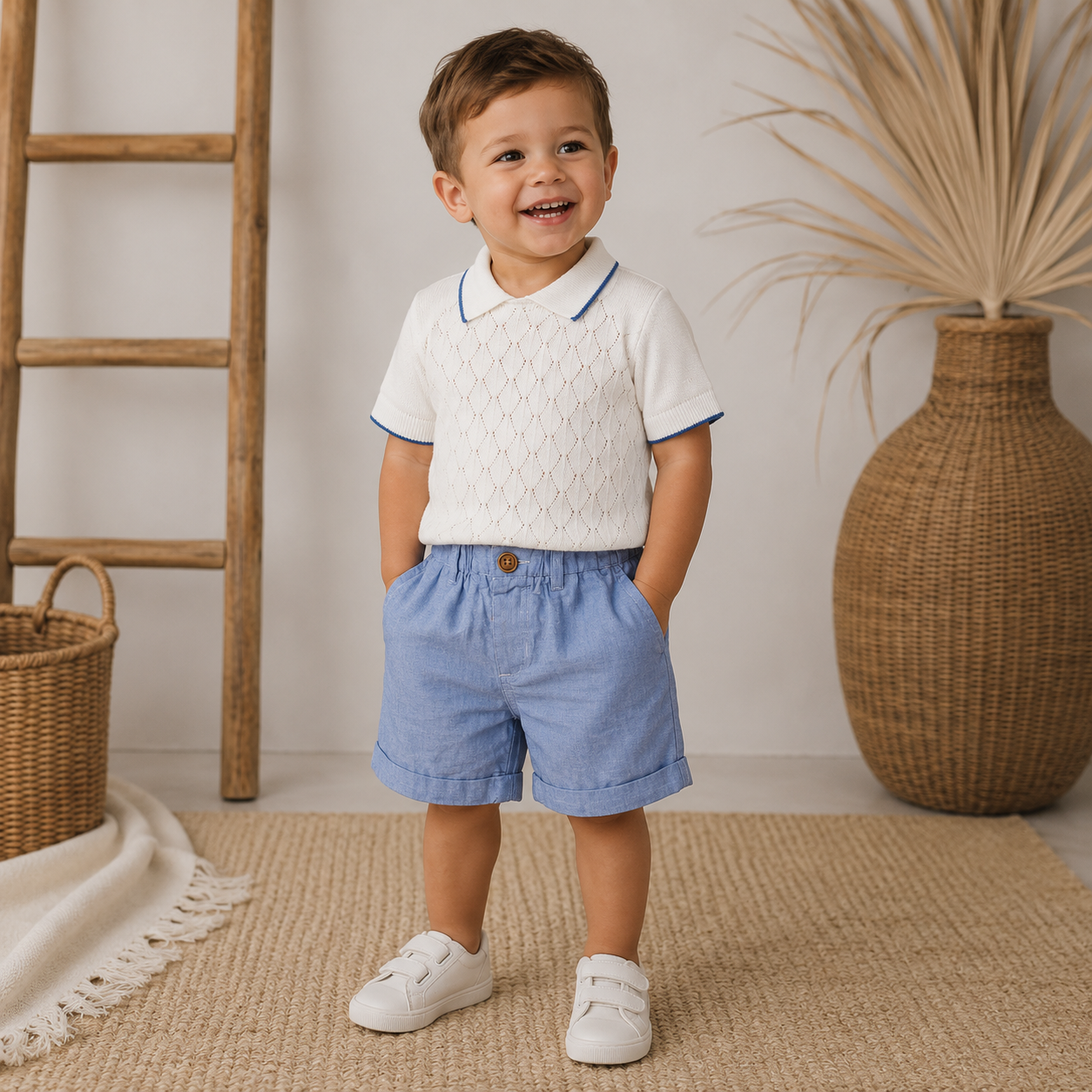 049. Completo Maglia Traforata Panna & Bermuda Denim