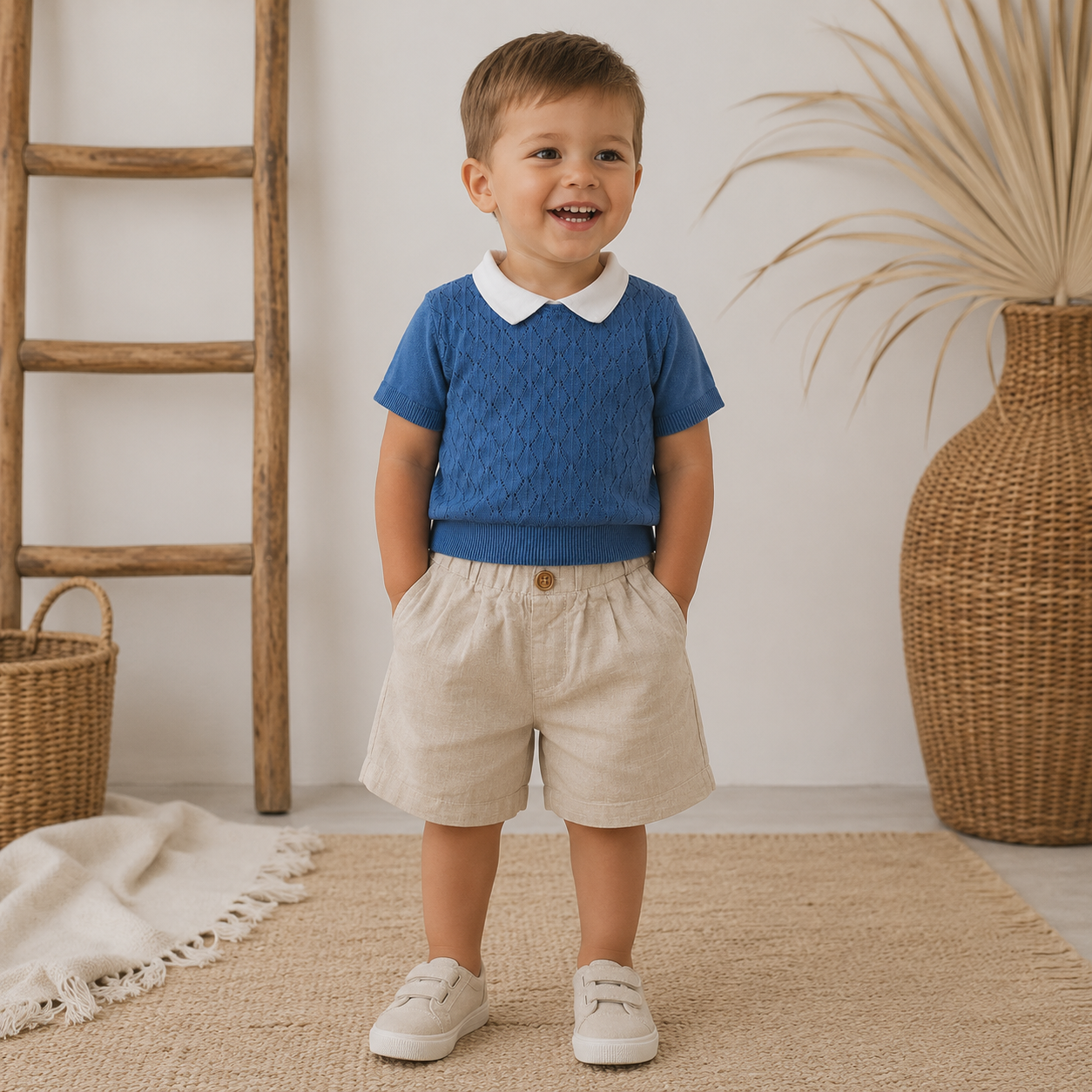 048. Completo Maglia Traforata Blu & Bermuda Sabbia