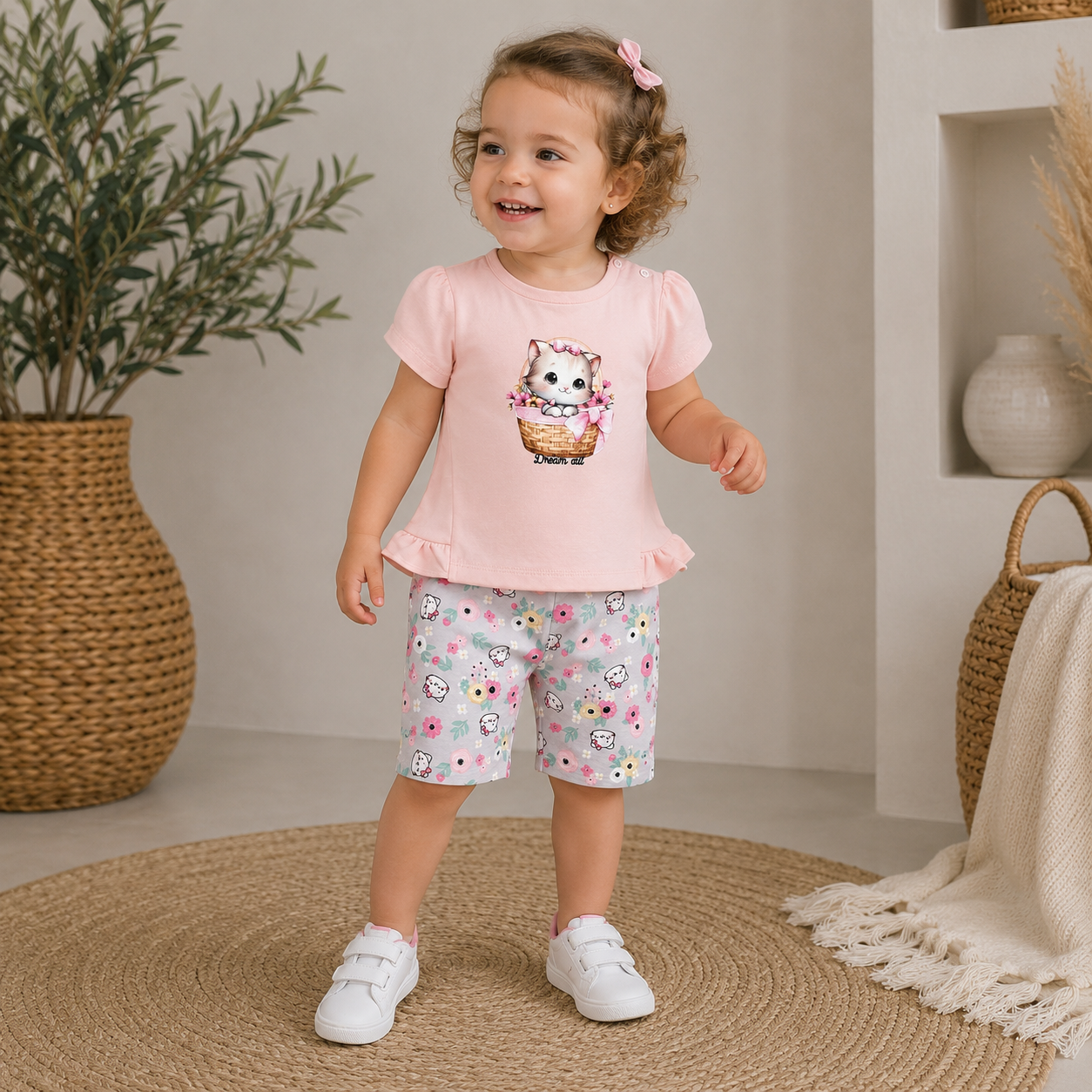 055. Completo Dream Cat Rosa & Shorts Floreali