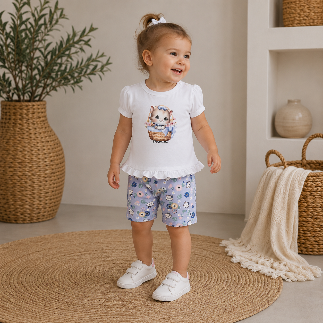 056. Completo Dream Cat Bianco & Shorts Floreali Viola